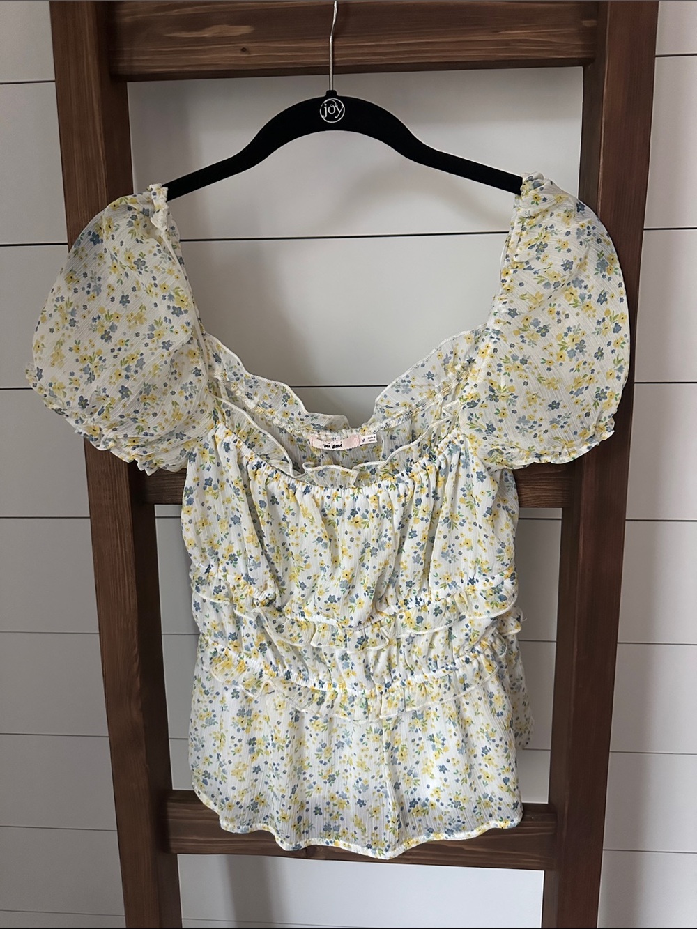 Mi Ami Yellow and Blue Floral Puff-Sleeve Smocked Blouse